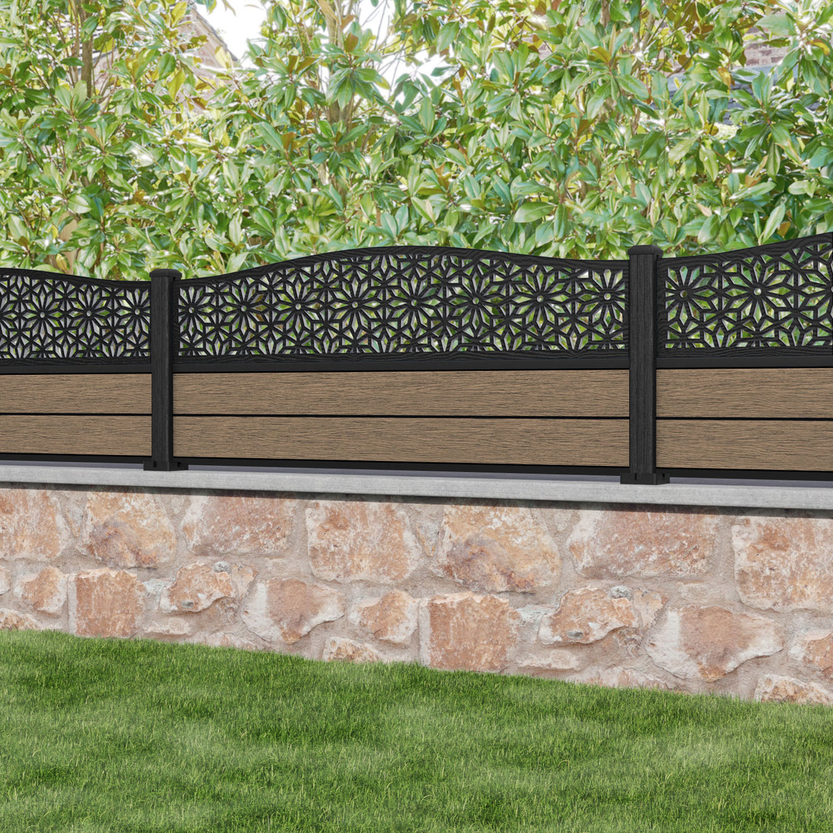 Fusion Narwa Curved Top Fence Panel Teak with our composite posts