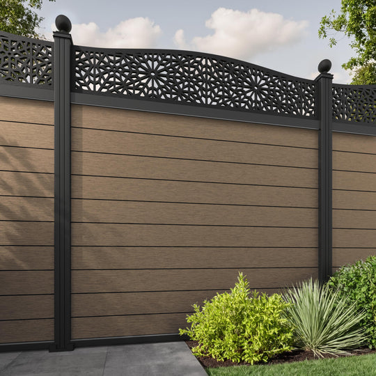 Fusion Alnara Curved Top Fence Panel - Teak - with our aluminium posts