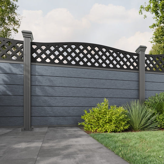 Fusion High Wave Curved Top Fence Panel - Anthracite - with our aluminium posts