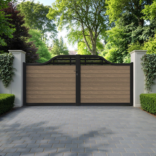 Classic Linea Curved Top Driveway Gate - Teak - Top Screen