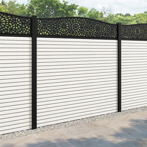 Hudson Alnara Curved Top Fence Panel - Light Stone - with our aluminium posts