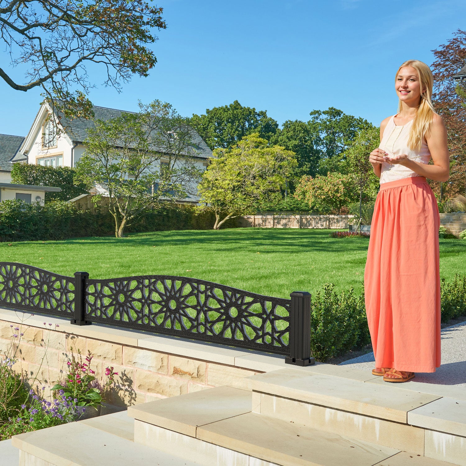 Amina Decorative Fence - 180x40cm Curved Top - with our aluminium posts