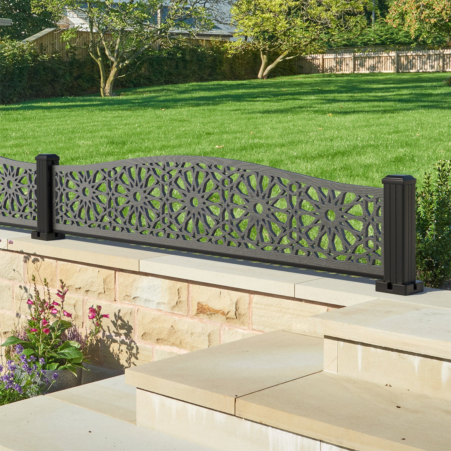 Hambra Decorative Fence - 180x40cm Curved Top - with our aluminium posts
