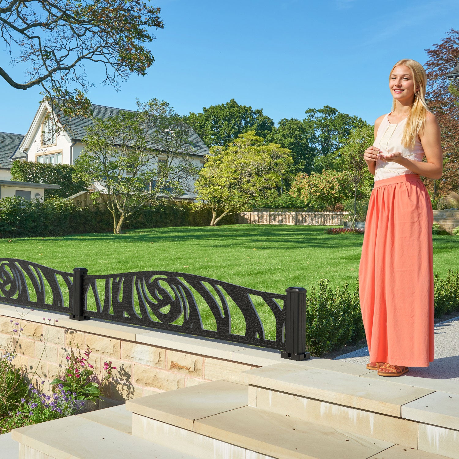 Roses Decorative Fence - 180x40cm Curved Top - with our aluminium posts