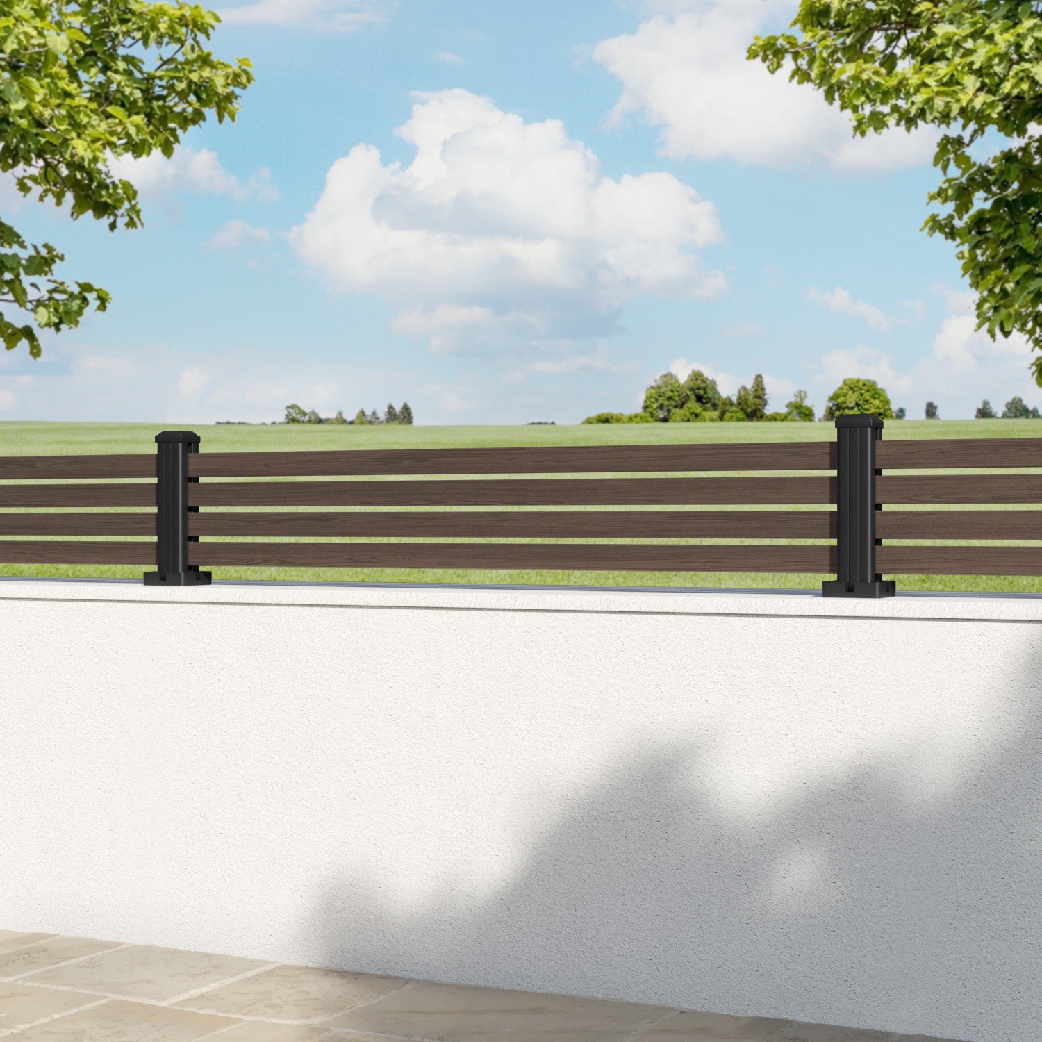 Aria Aluminium Fence Panel - Dark Oak - with our aluminium posts