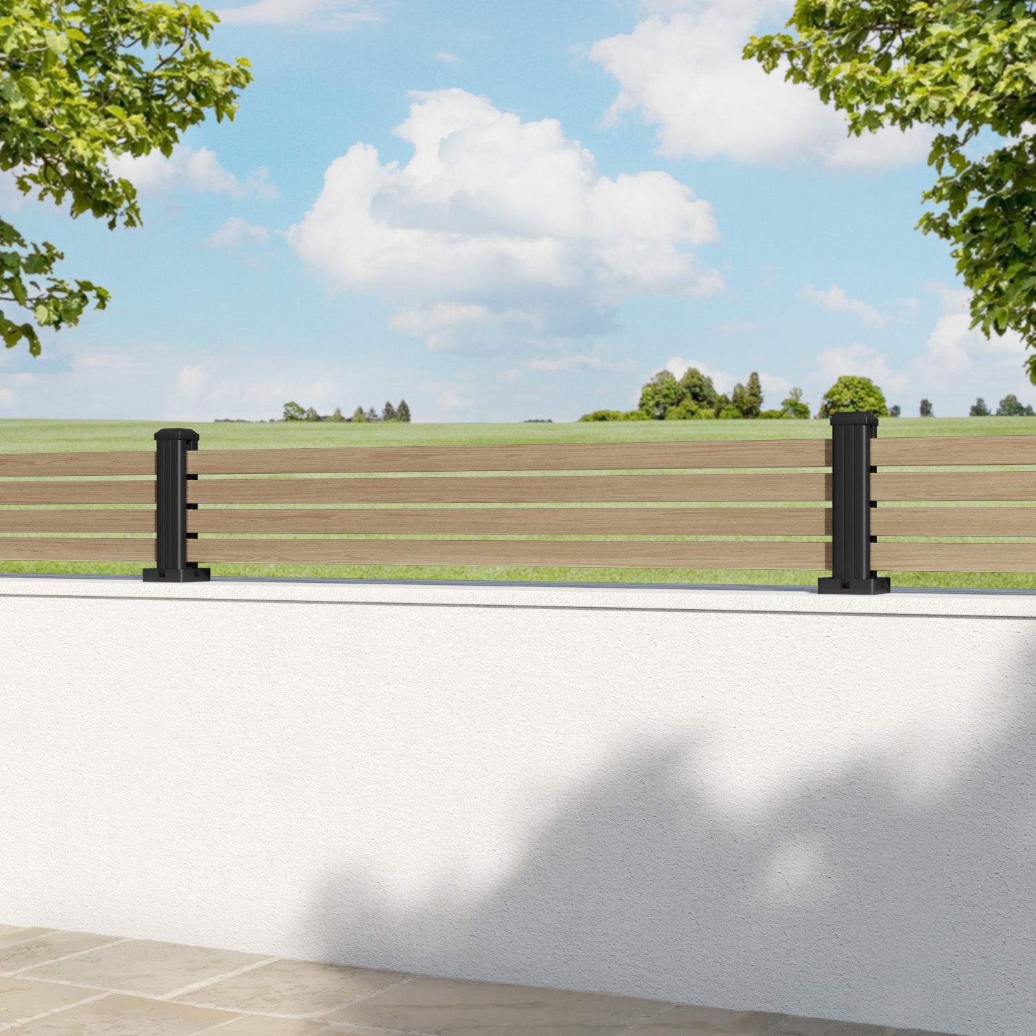 Aria Aluminium Fence Panel - Natural Oak - with our aluminium posts