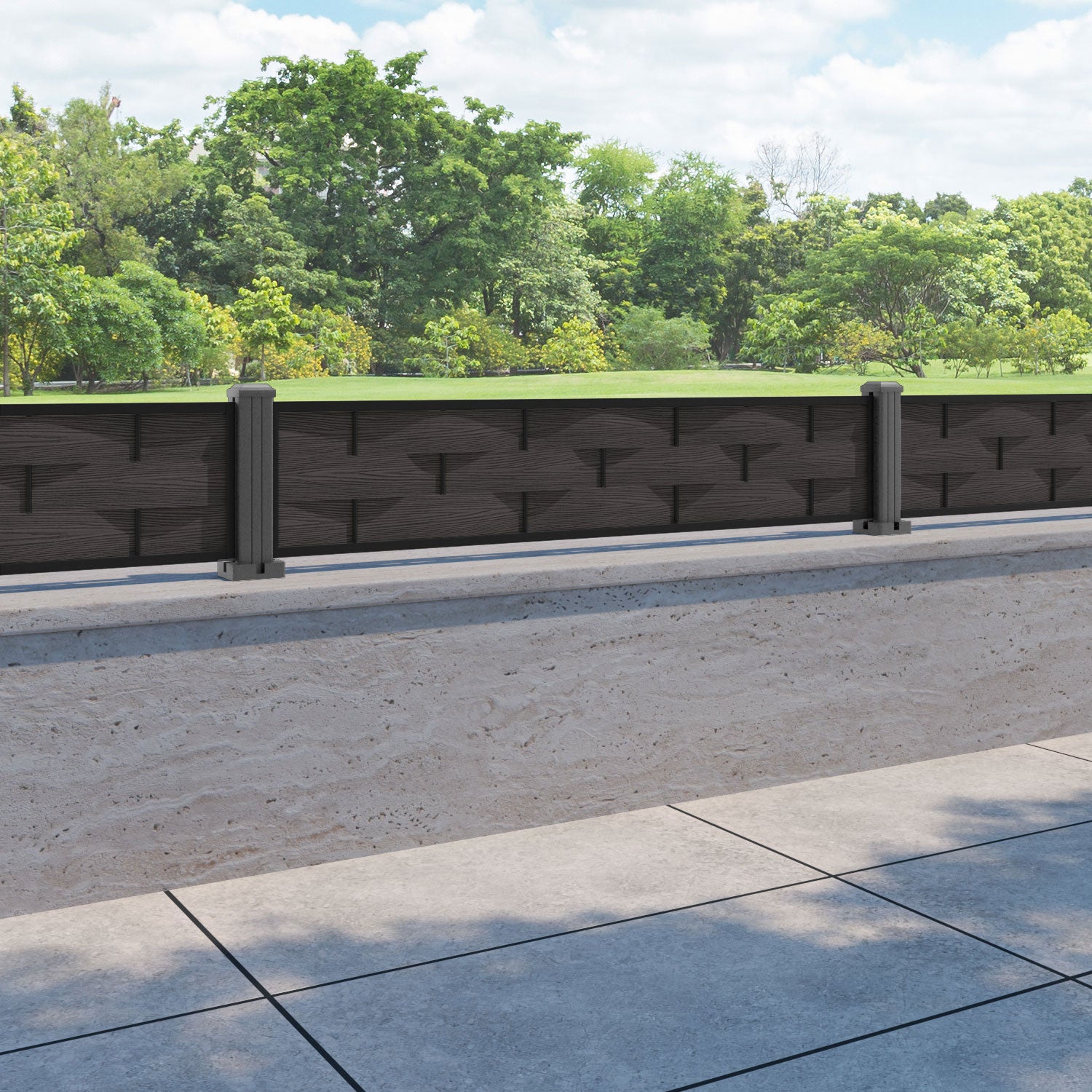 Ripple Fence Panel - Dark Oak - with our aluminium posts