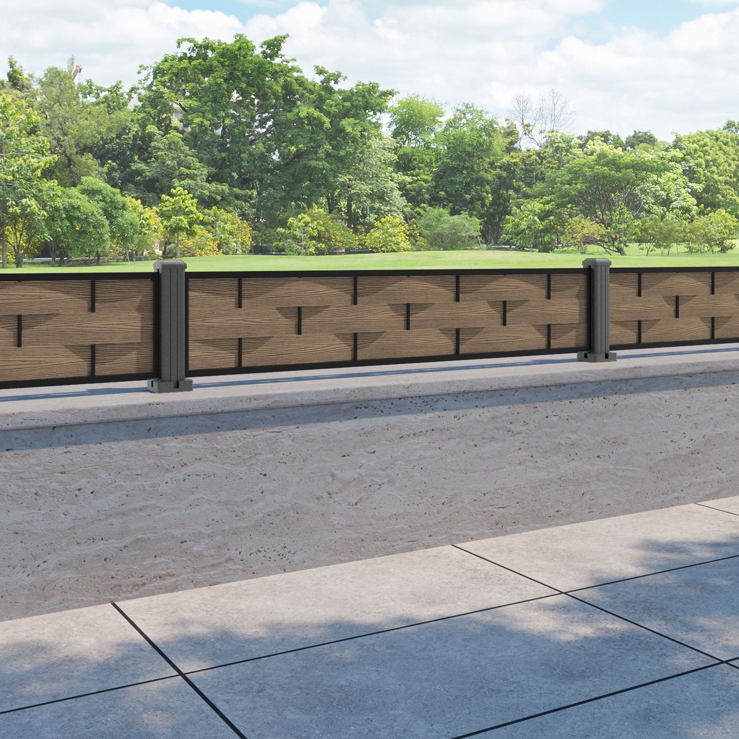 Ripple Fence Panel - Teak - with our aluminium posts