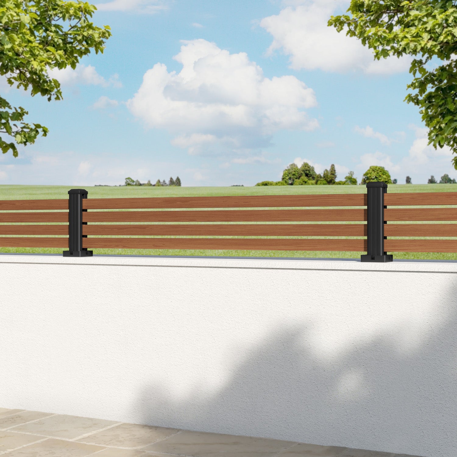 Aria Aluminium Fence Panel - Teak - with our aluminium posts