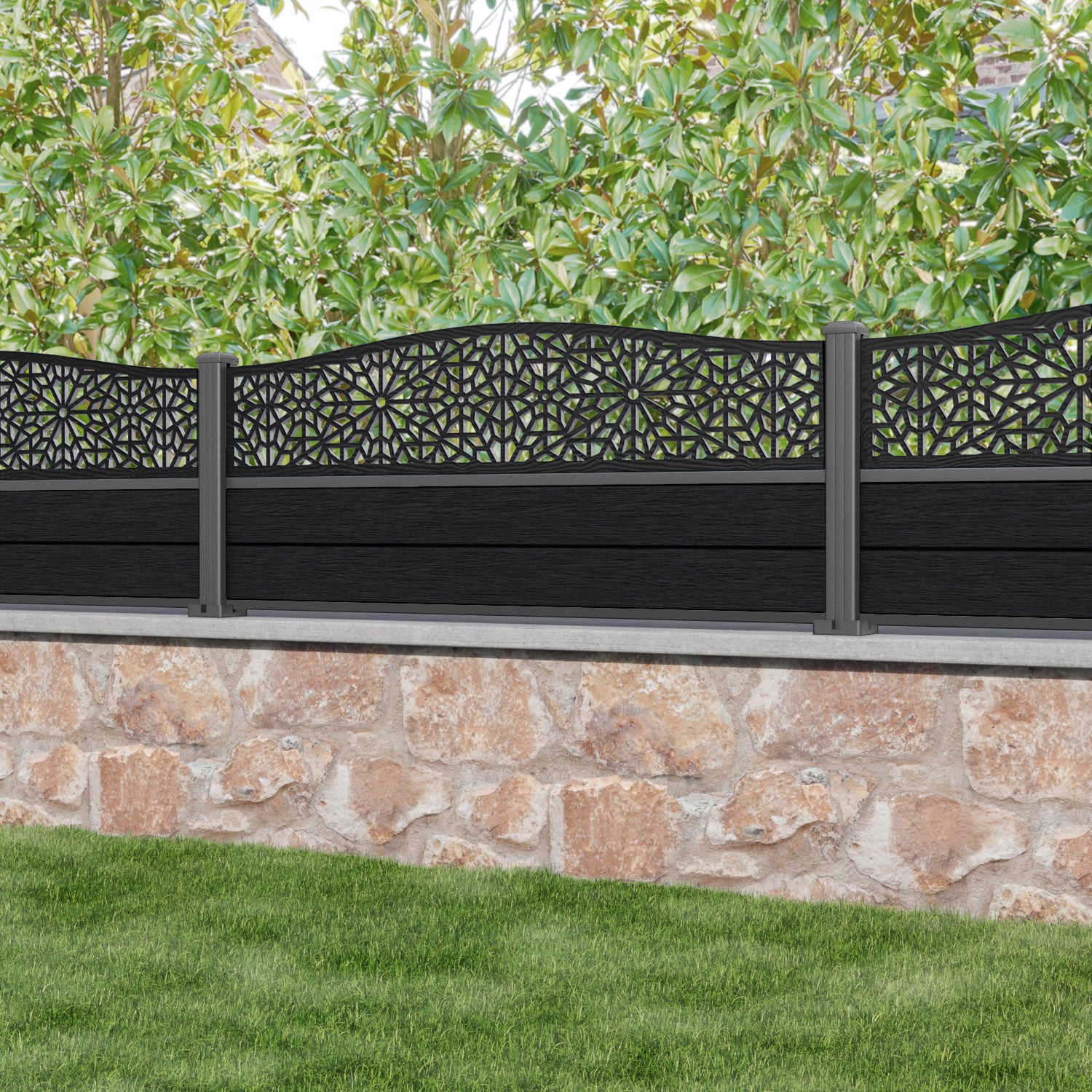 Fusion Alnara Curved Top Fence Panel - Black - with our aluminium posts