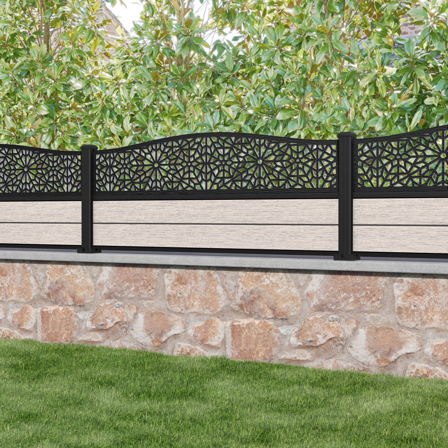 Fusion Alnara Curved Top Fence Panel - Mid Stone - with our aluminium posts