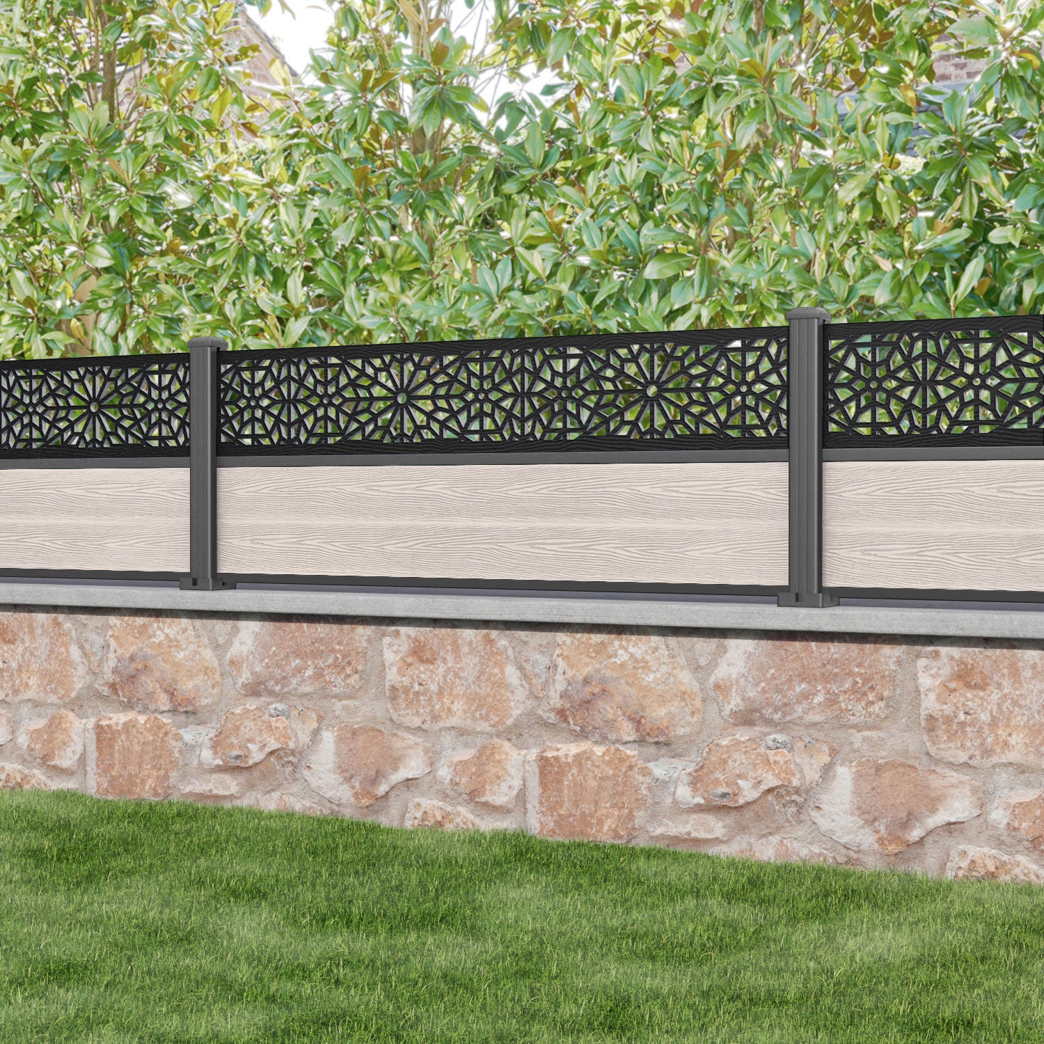 Classic Alnara Fence Panel - Mid Stone - with our aluminium posts