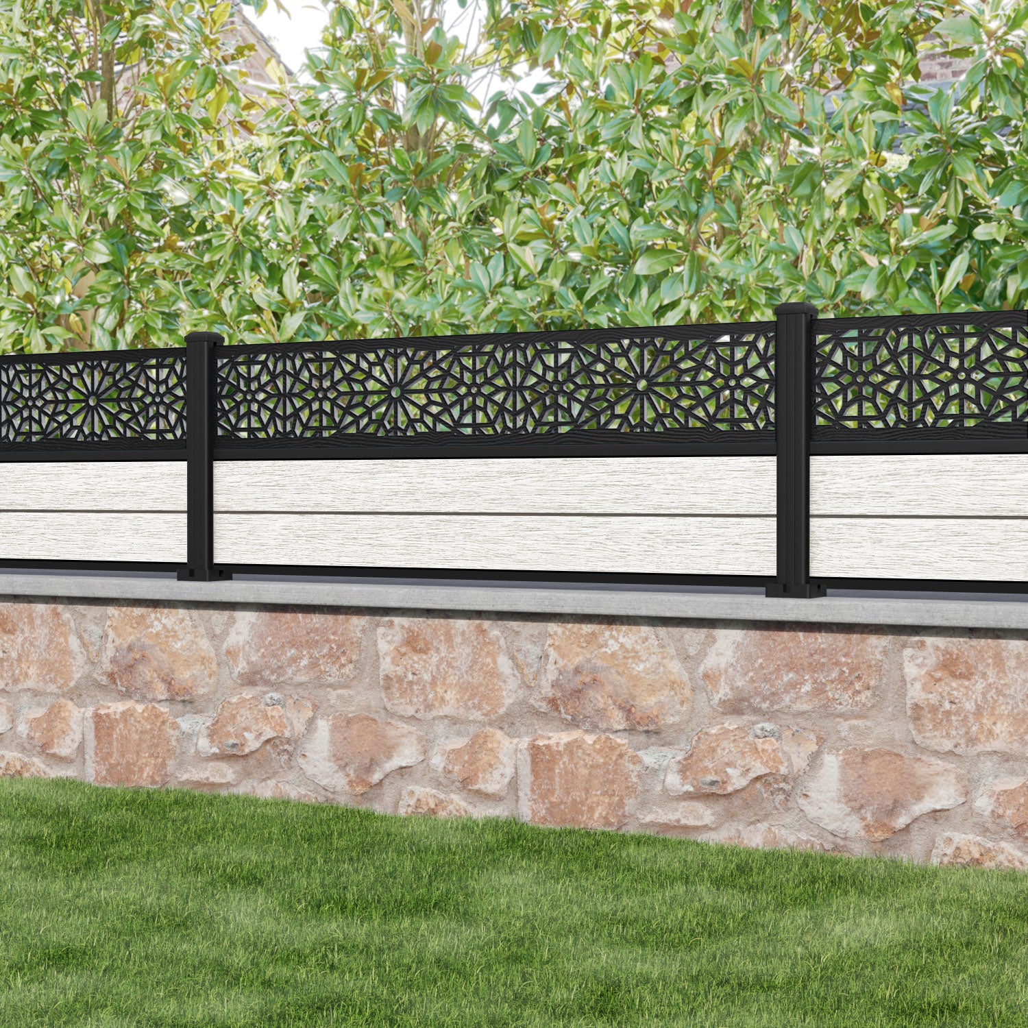 Fusion Alnara Fence Panel - Light Stone - with our aluminium posts