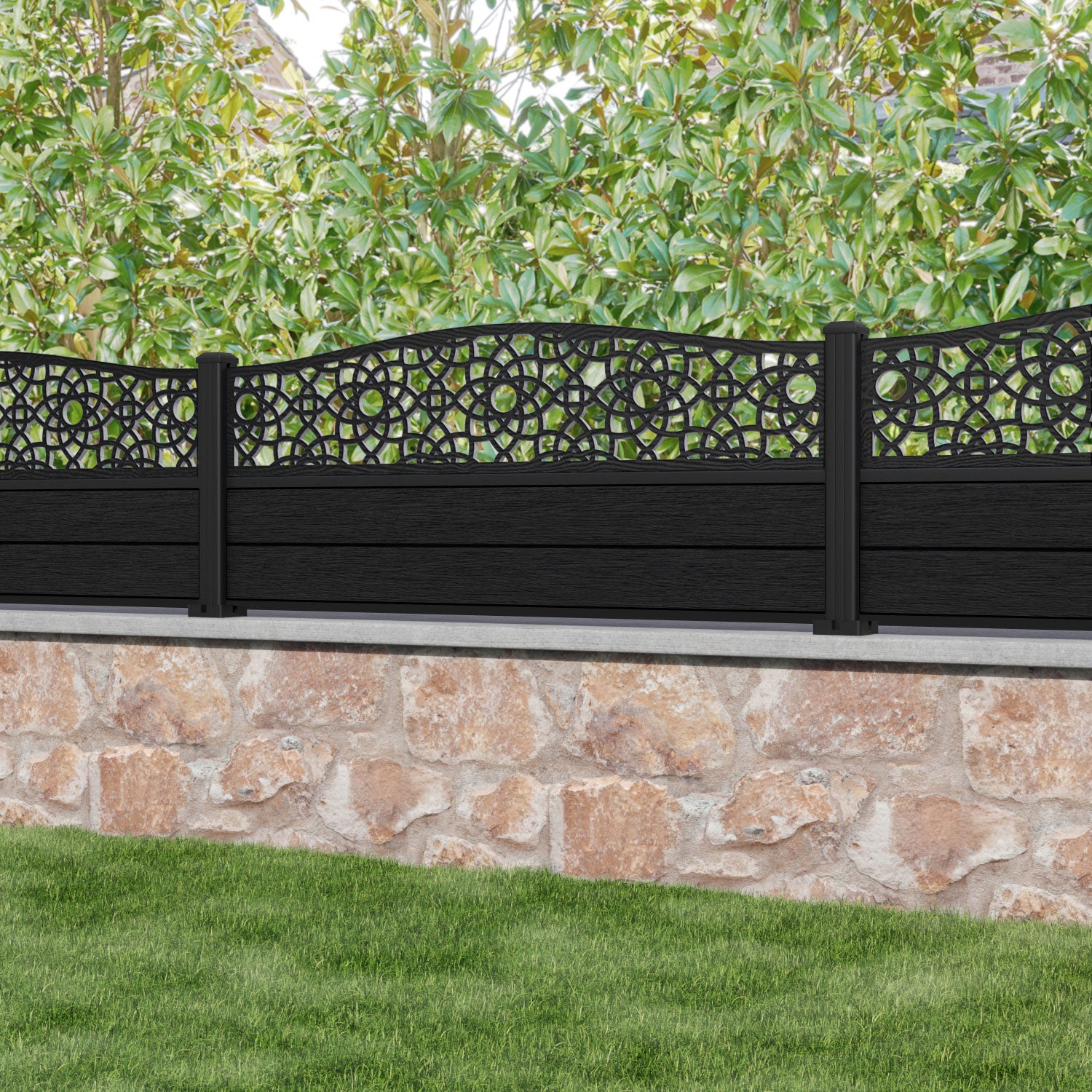 Fusion Ambar Curved Top Fence Panel - Black - with our aluminium posts