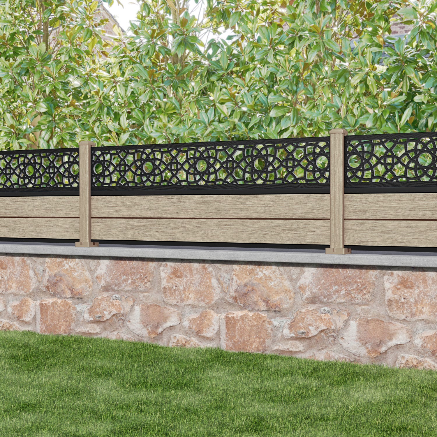 Fusion Ambar Fence Panel - Light Oak - with our composite posts