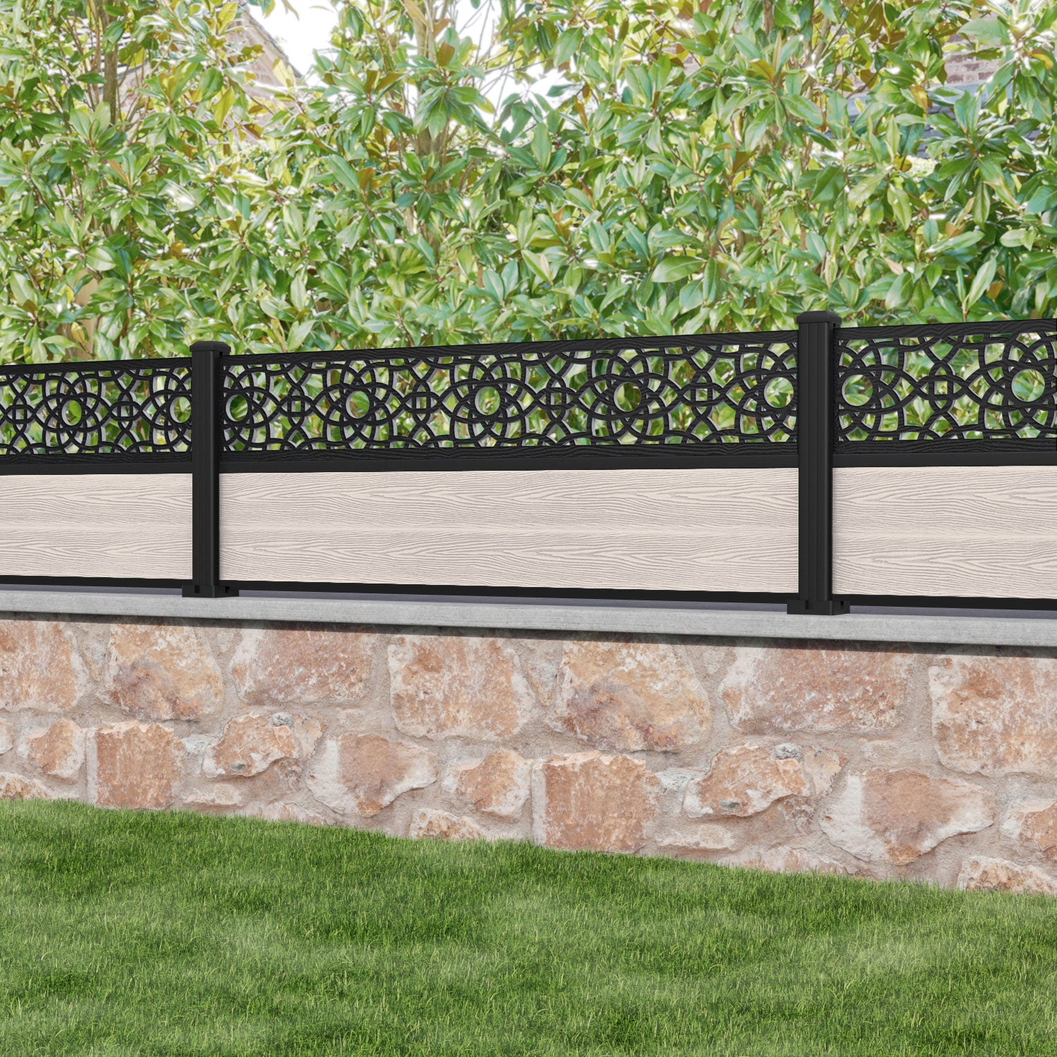 Classic Ambar Fence Panel - Mid Stone - with our aluminium posts