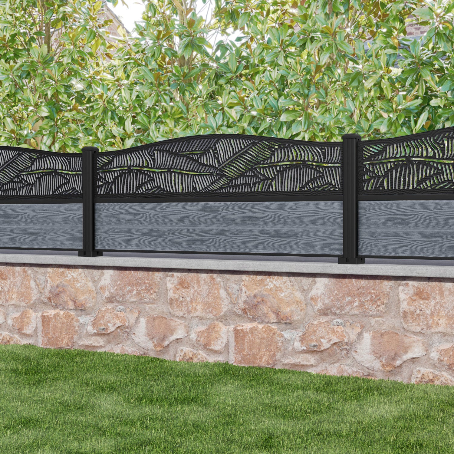 Classic Feather Curved Top Fence Panel - Anthracite - with our aluminium posts