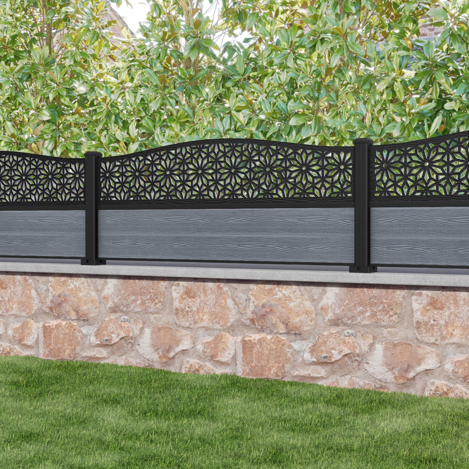 Classic Narwa Curved Top Fence Panel - Anthracite - with our aluminium posts