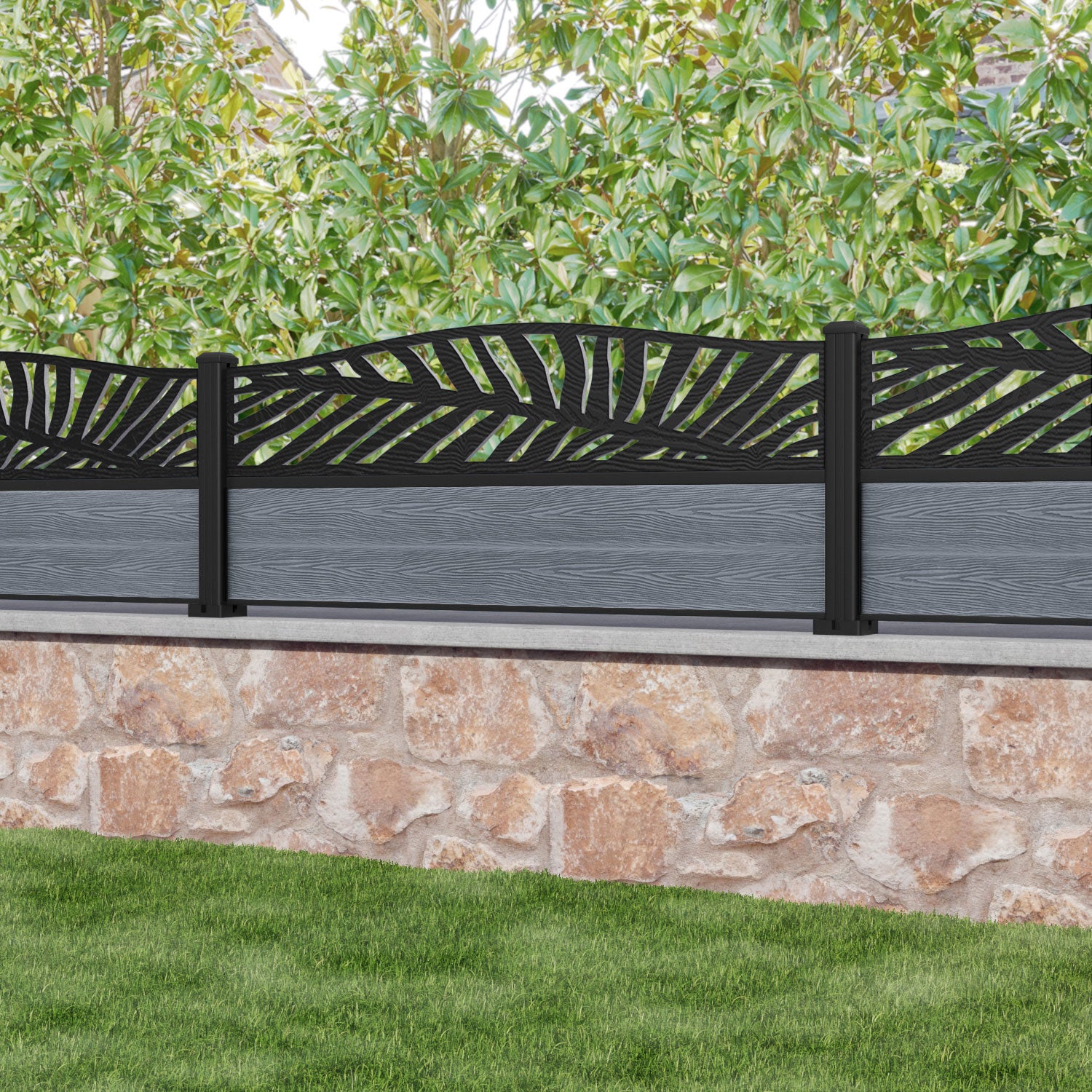 Classic Palm Curved Top Fence Panel - Anthracite - with our aluminium posts