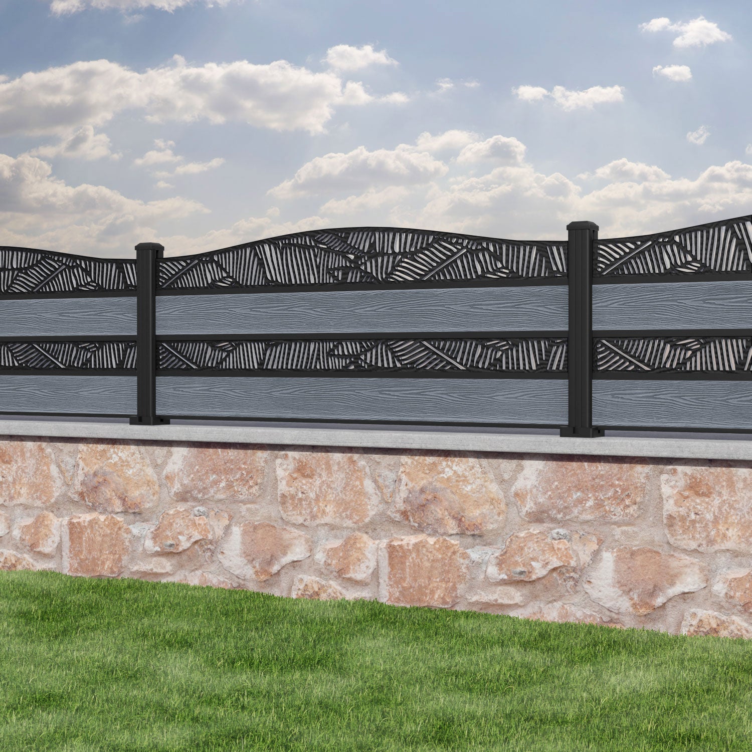 Classic Feather Curved Top Split Screen Fence Panel - Anthracite - with our aluminium posts