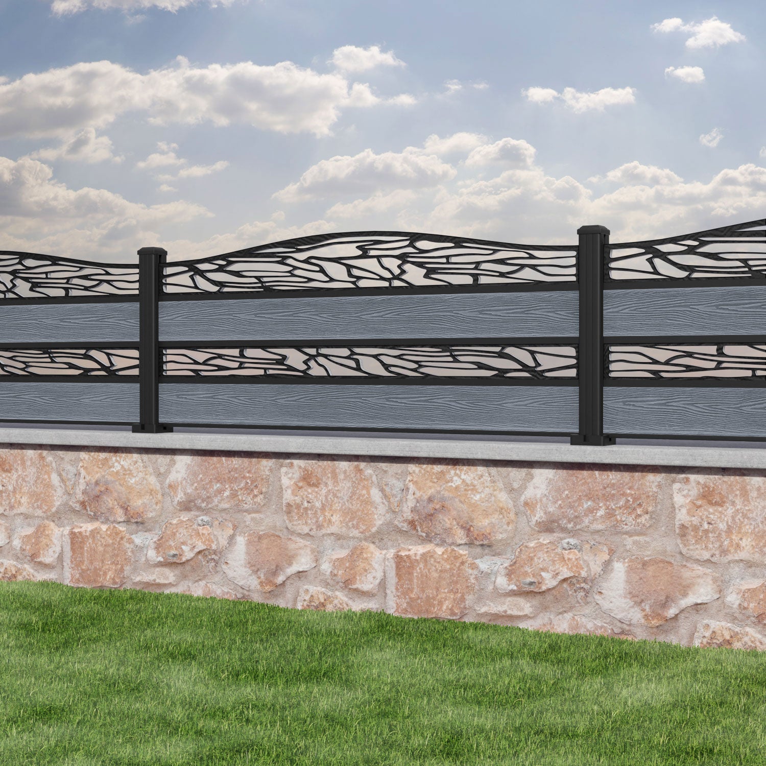 Classic Shatter Curved Top Split Screen Fence Panel - Anthracite - with our aluminium posts