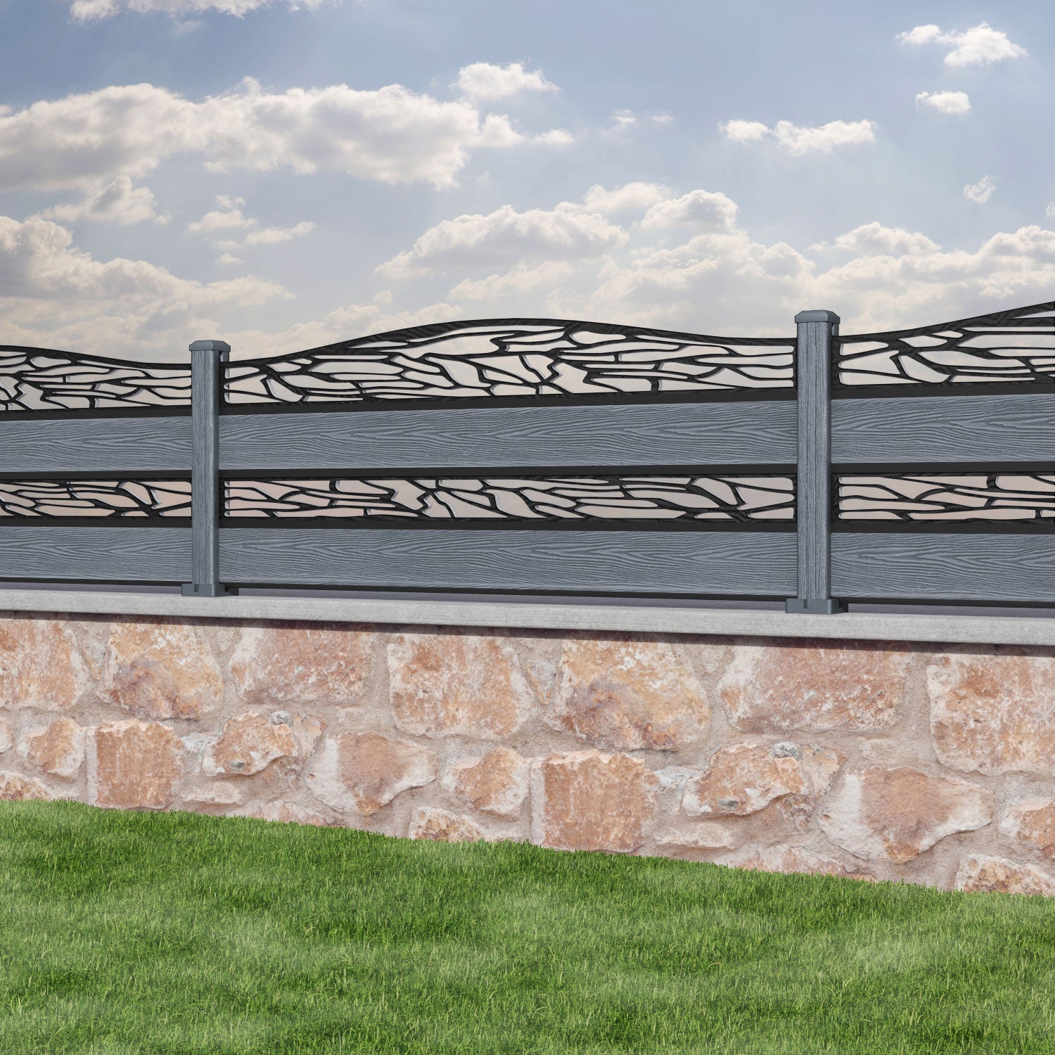 Classic Shatter Curved Top Split Screen Fence Panel - Anthracite - with our composite posts