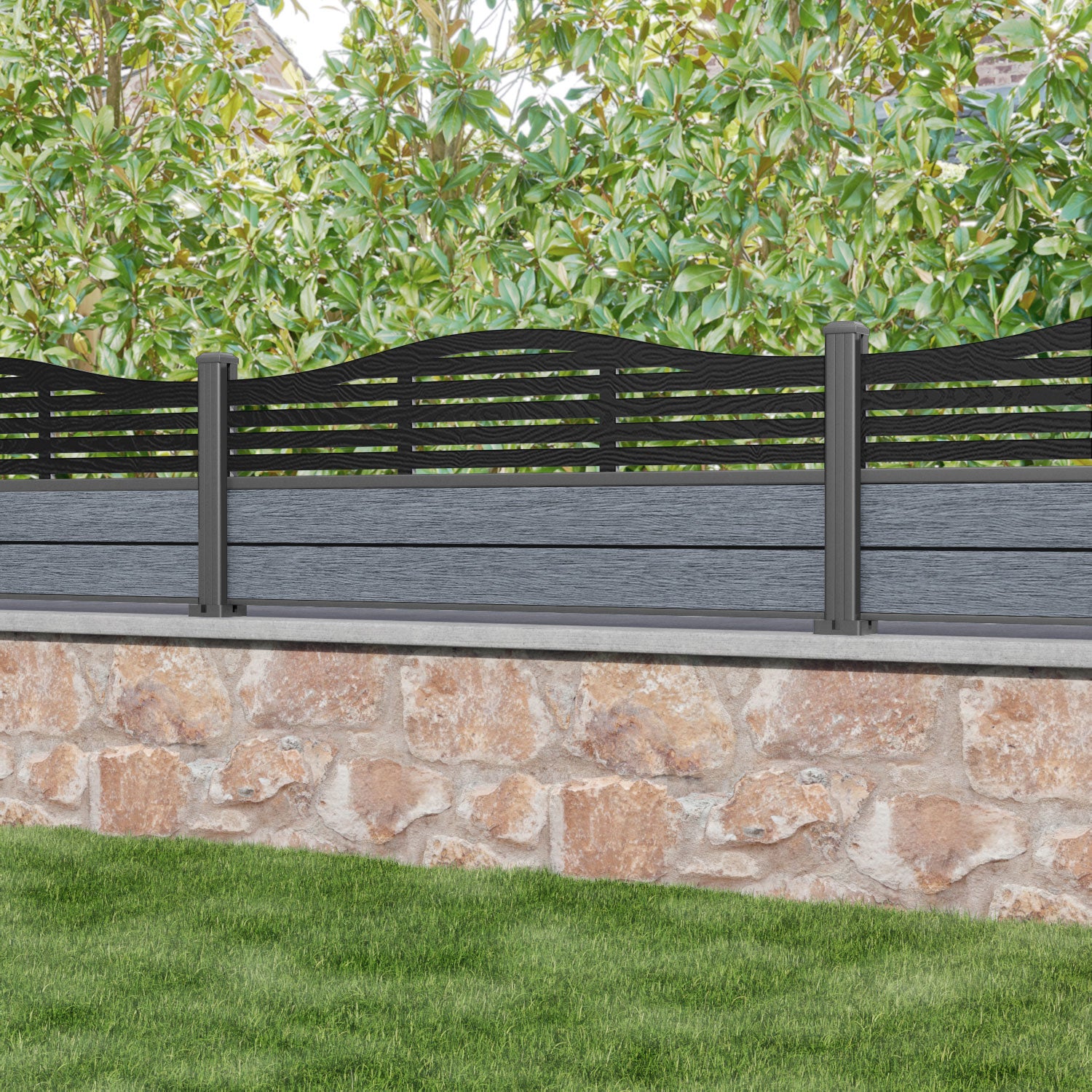 Fusion Aspen Curved Top Fence Panel - Anthracite - with our aluminium posts