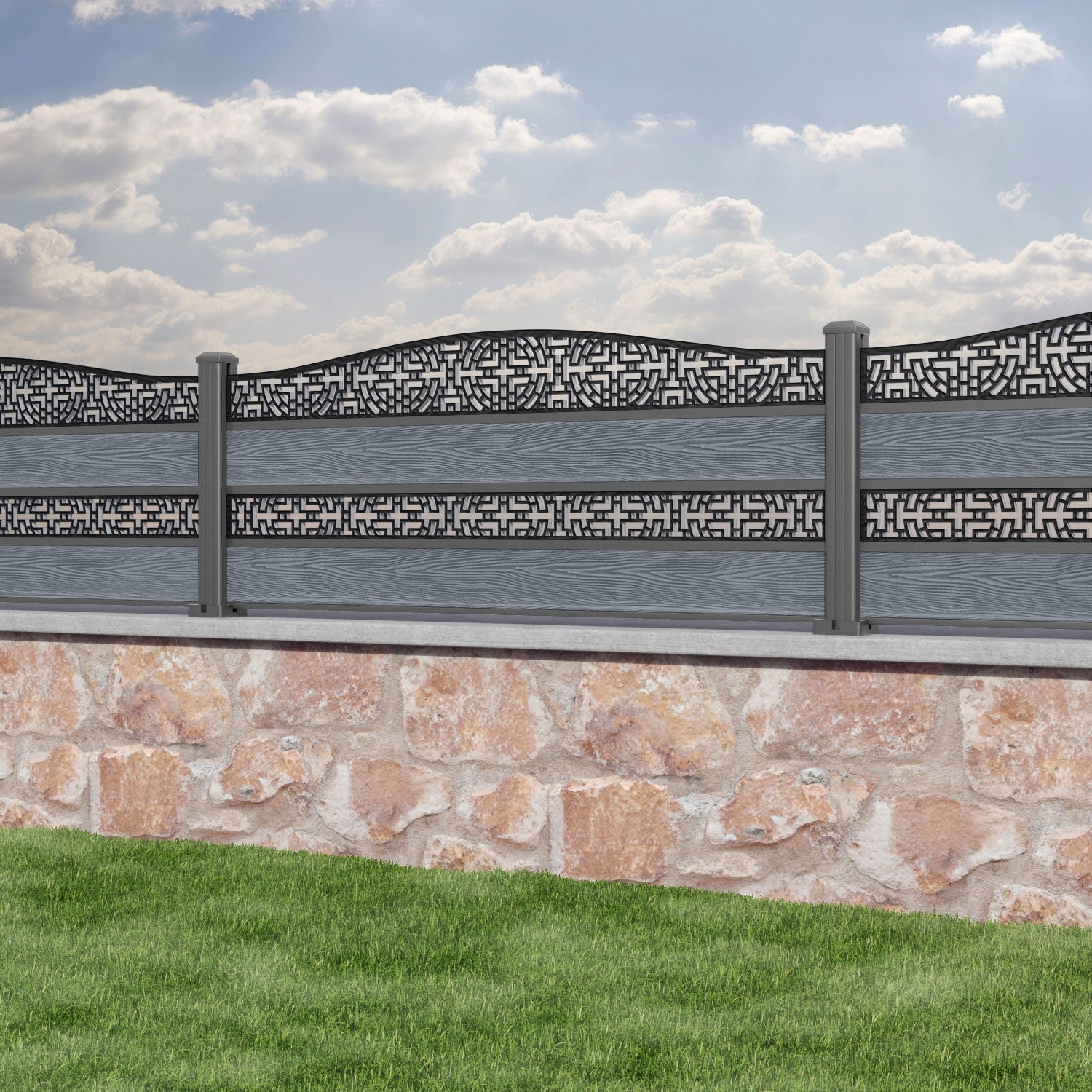 Classic Kumo Curved Top Split Screen Fence Panel - Anthracite - with our aluminium posts