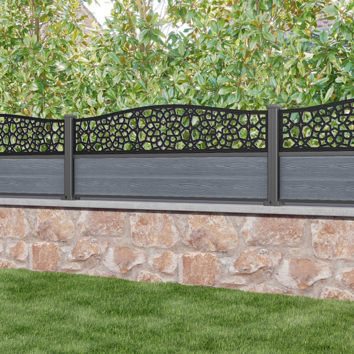 Classic Nazira Curved Top Fence Panel - Anthracite - with our aluminium posts