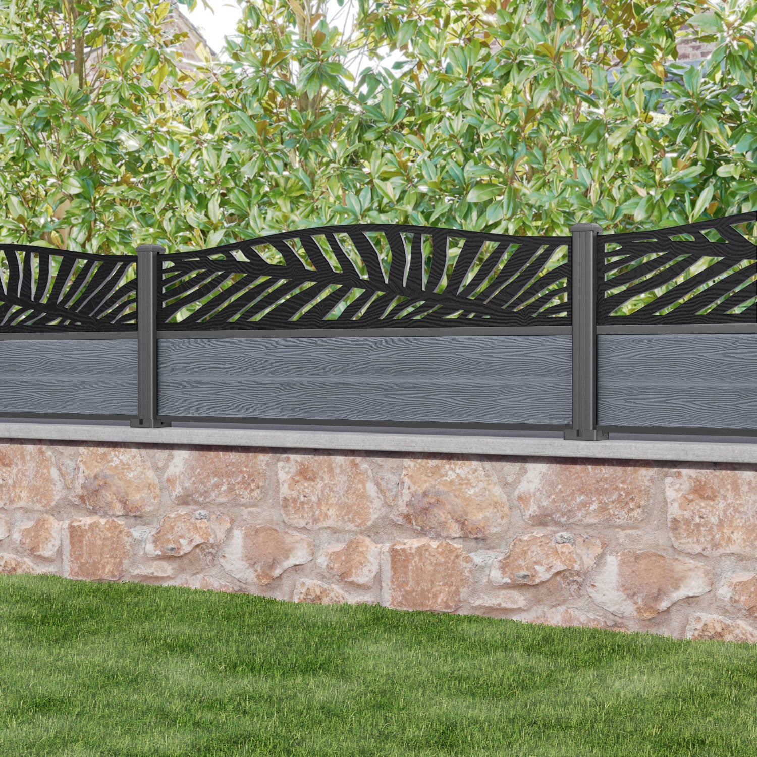Classic Palm Curved Top Fence Panel - Anthracite - with our aluminium posts
