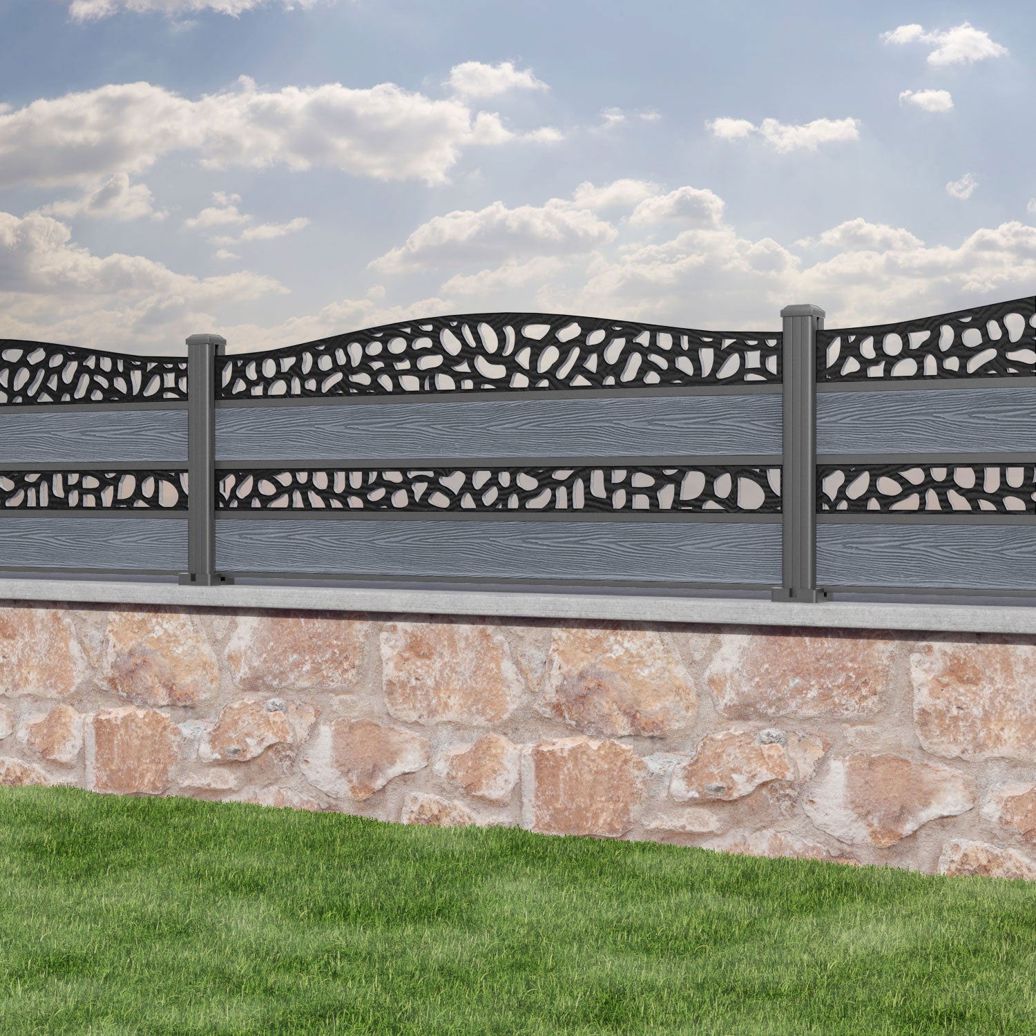 Classic Pebble Curved Top Split Screen Fence Panel - Anthracite - with our aluminium posts