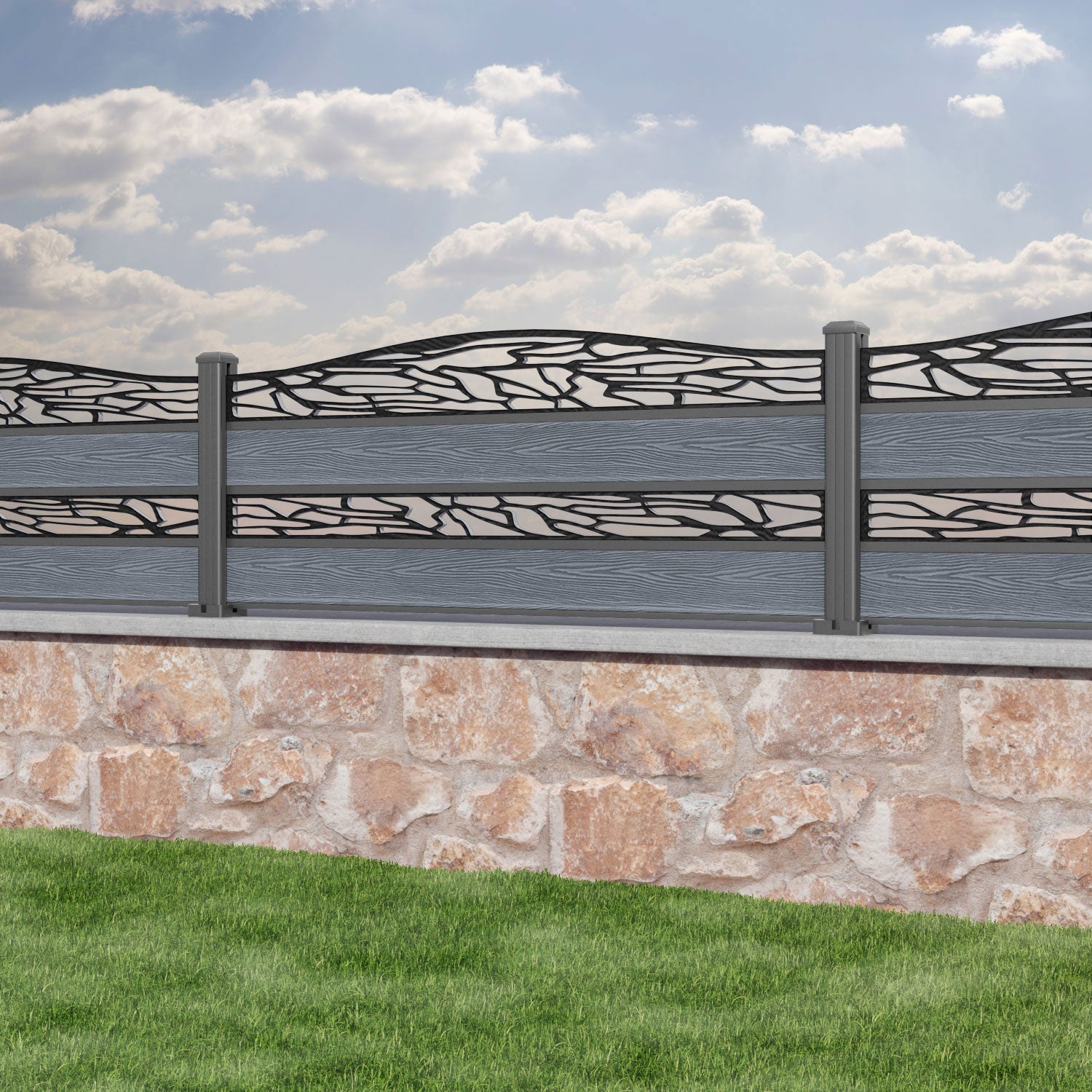 Classic Shatter Curved Top Split Screen Fence Panel - Anthracite - with our aluminium posts