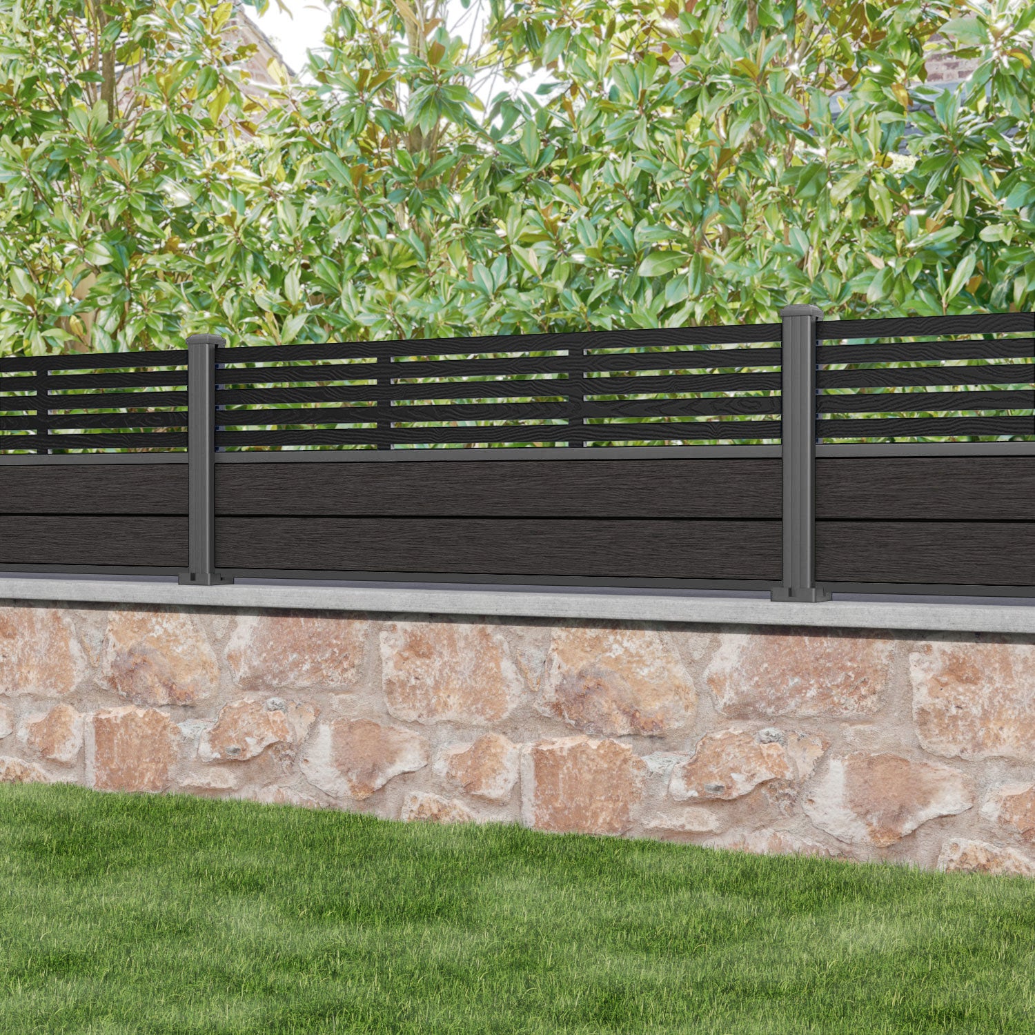 Fusion Aspen Fence Panel - Dark Oak - with our aluminium posts