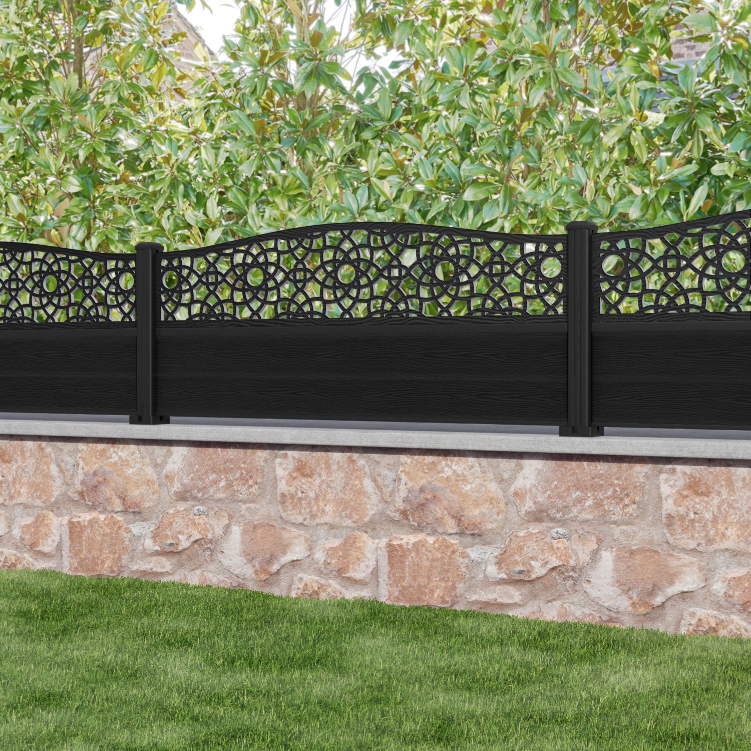Classic Ambar Curved Top Fence Panel - Black - with our aluminium posts