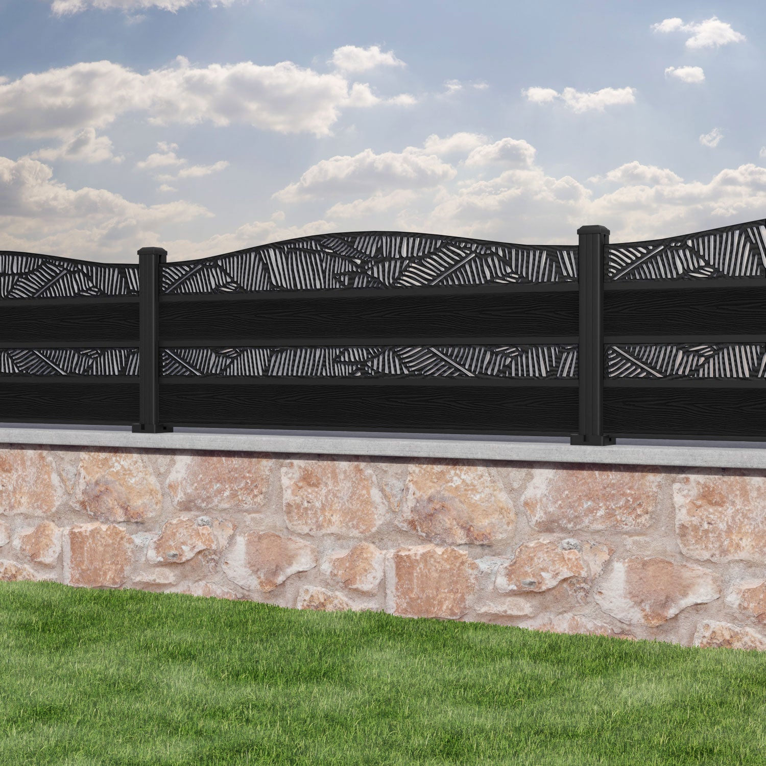 Classic Feather Curved Top Split Screen Fence Panel - Black - with our aluminium posts