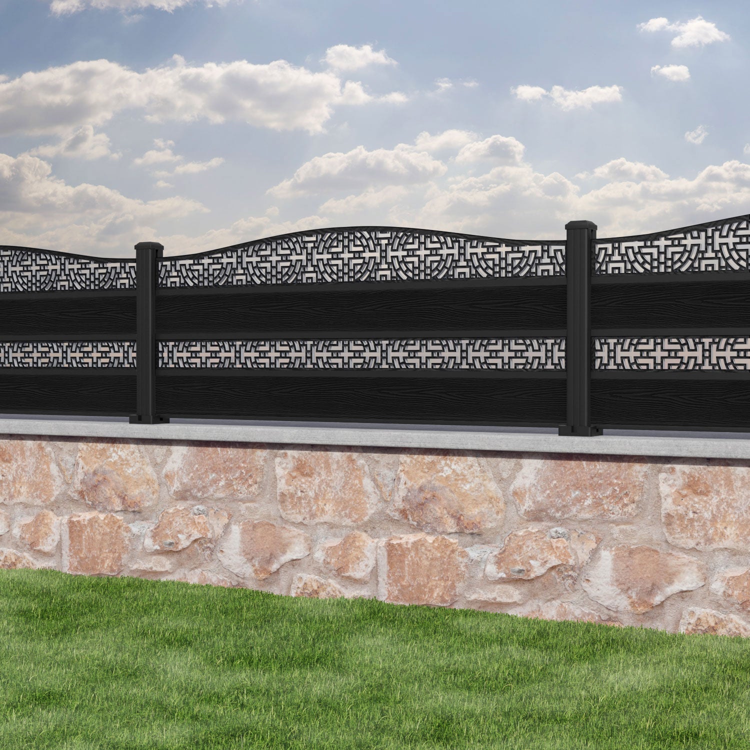 Classic Kumo Curved Top Split Screen Fence Panel - Black - with our aluminium posts