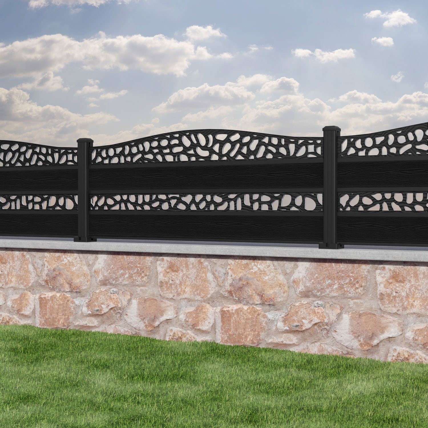 Classic Pebble Curved Top Split Screen Fence Panel - Black - with our aluminium posts