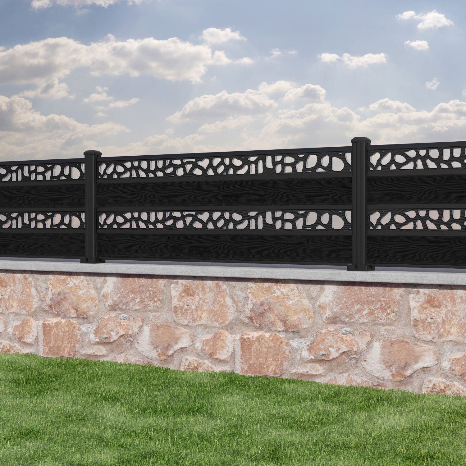 Classic Pebble Split Screen Fence Panel - Black - with our aluminium posts