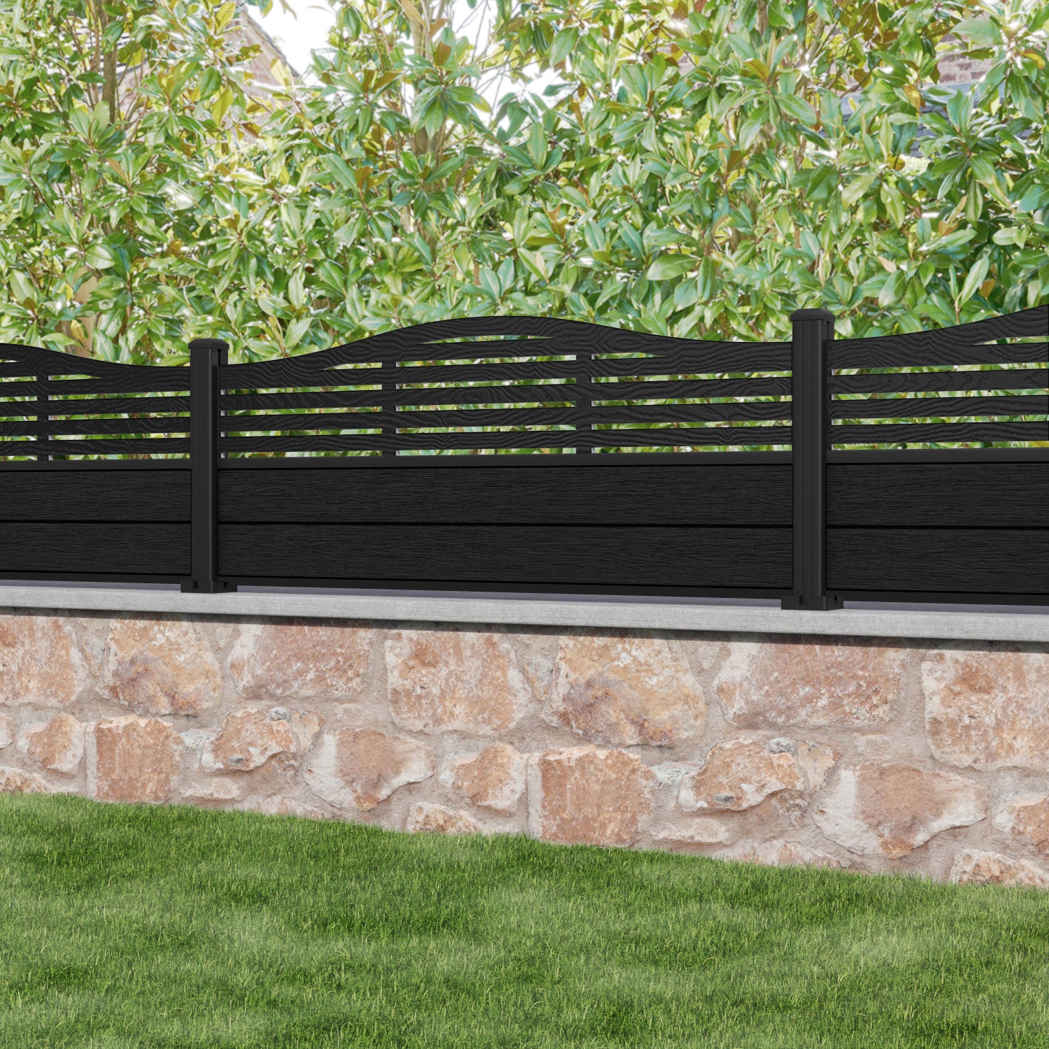 Fusion Aspen Curved Top Fence Panel - Black - with our aluminium posts