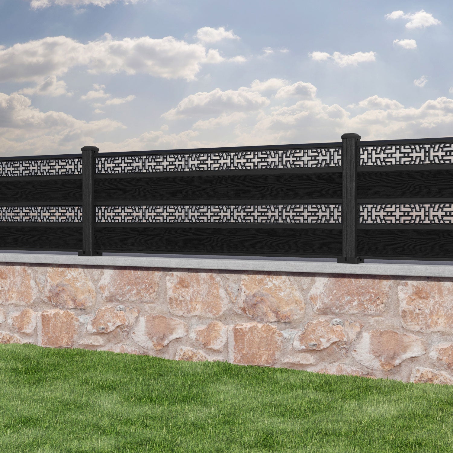 Classic Kumo Split Screen Fence Panel - Black - with our composite posts