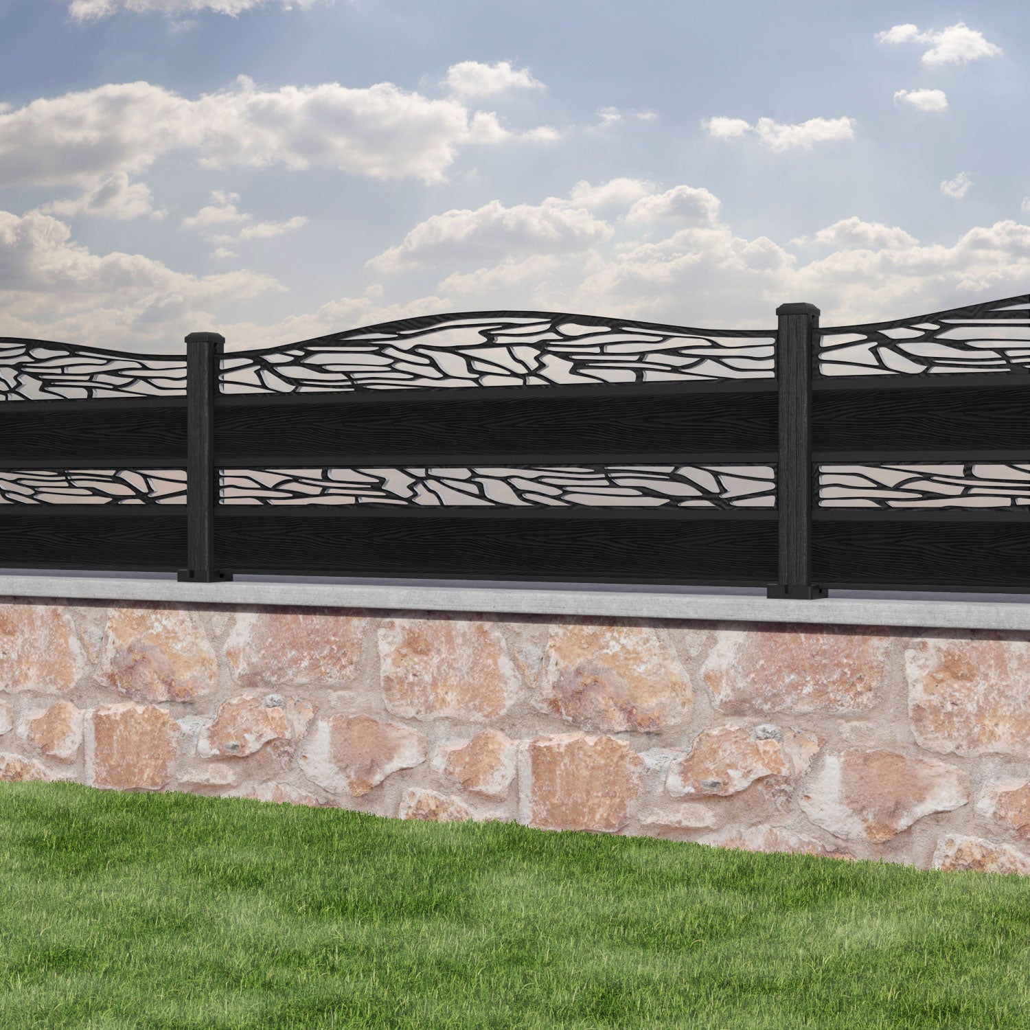 Classic Shatter Curved Top Split Screen Fence Panel - Black - with our composite posts