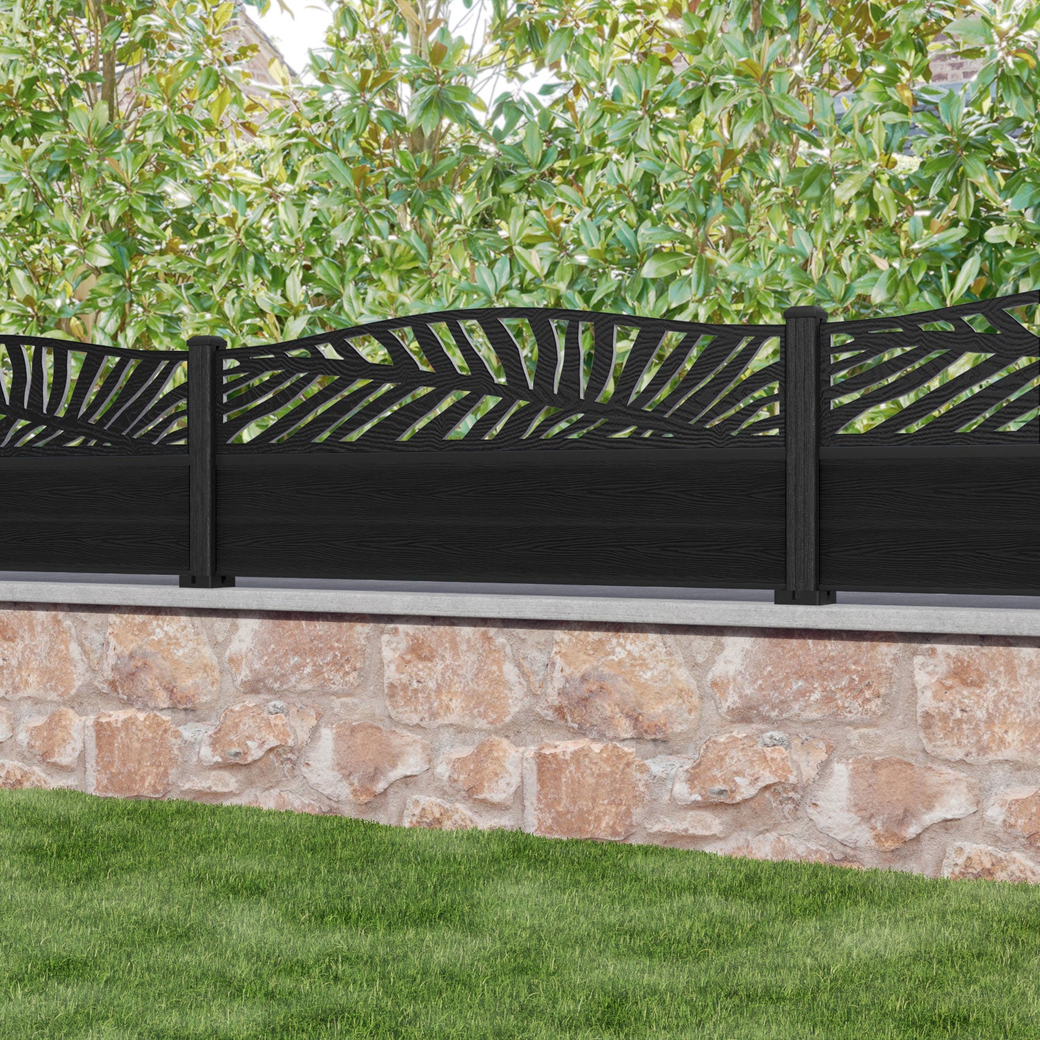 Classic Palm Curved Top Fence Panel - Black - with our composite posts