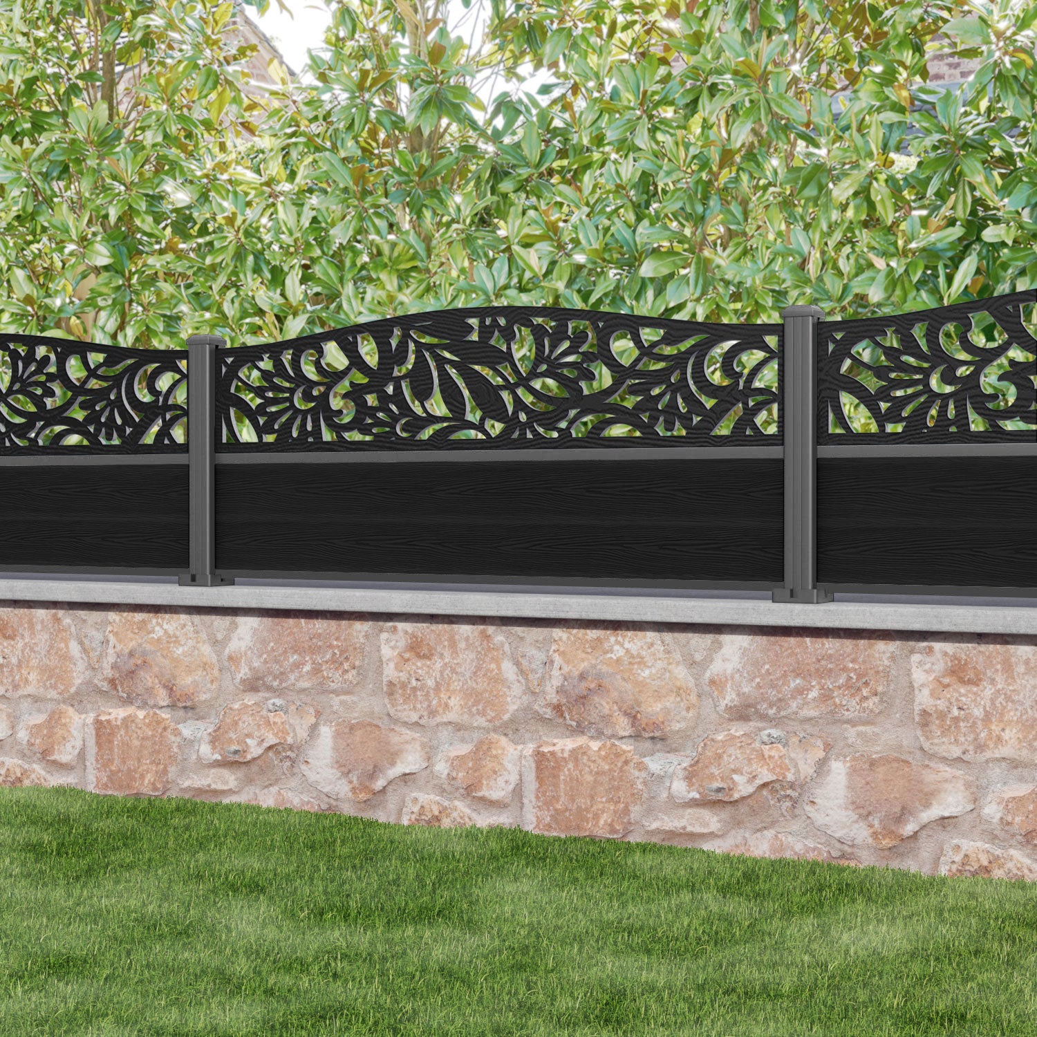 Classic Heritage Curved Top Fence Panel - Black - with our aluminium posts