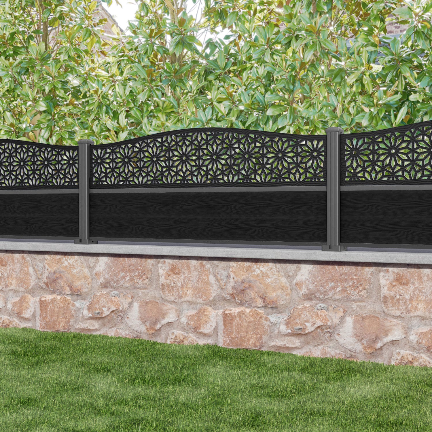 Classic Narwa Curved Top Fence Panel - Black - with our aluminium posts