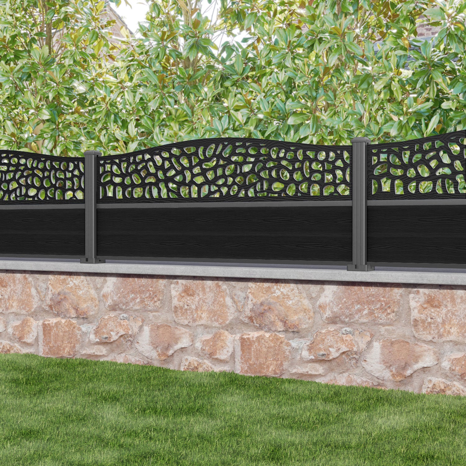 Classic Pebble Curved Top Fence Panel - Black - with our aluminium posts