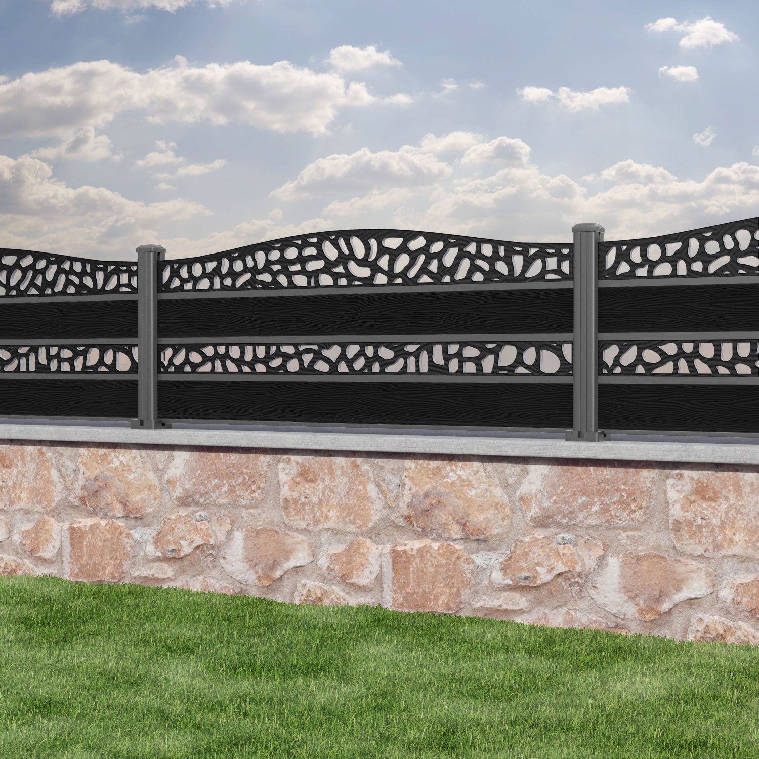 Classic Pebble Curved Top Split Screen Fence Panel - Black - with our aluminium posts