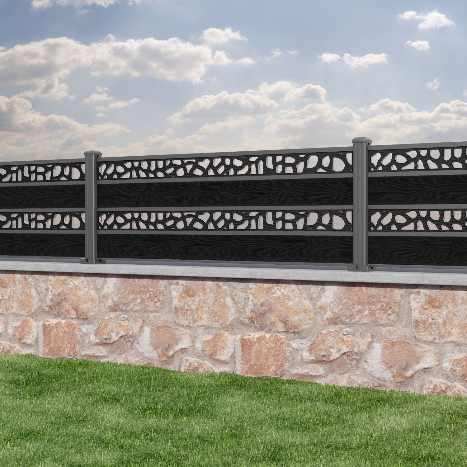 Classic Pebble Split Screen Fence Panel - Black - with our aluminium posts