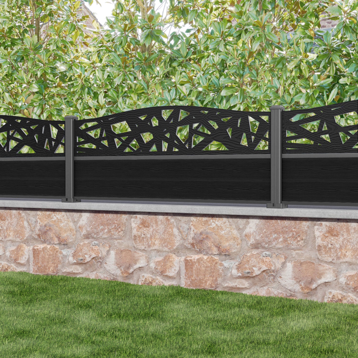 Classic Prism Curved Top Fence Panel - Black - with our aluminium posts