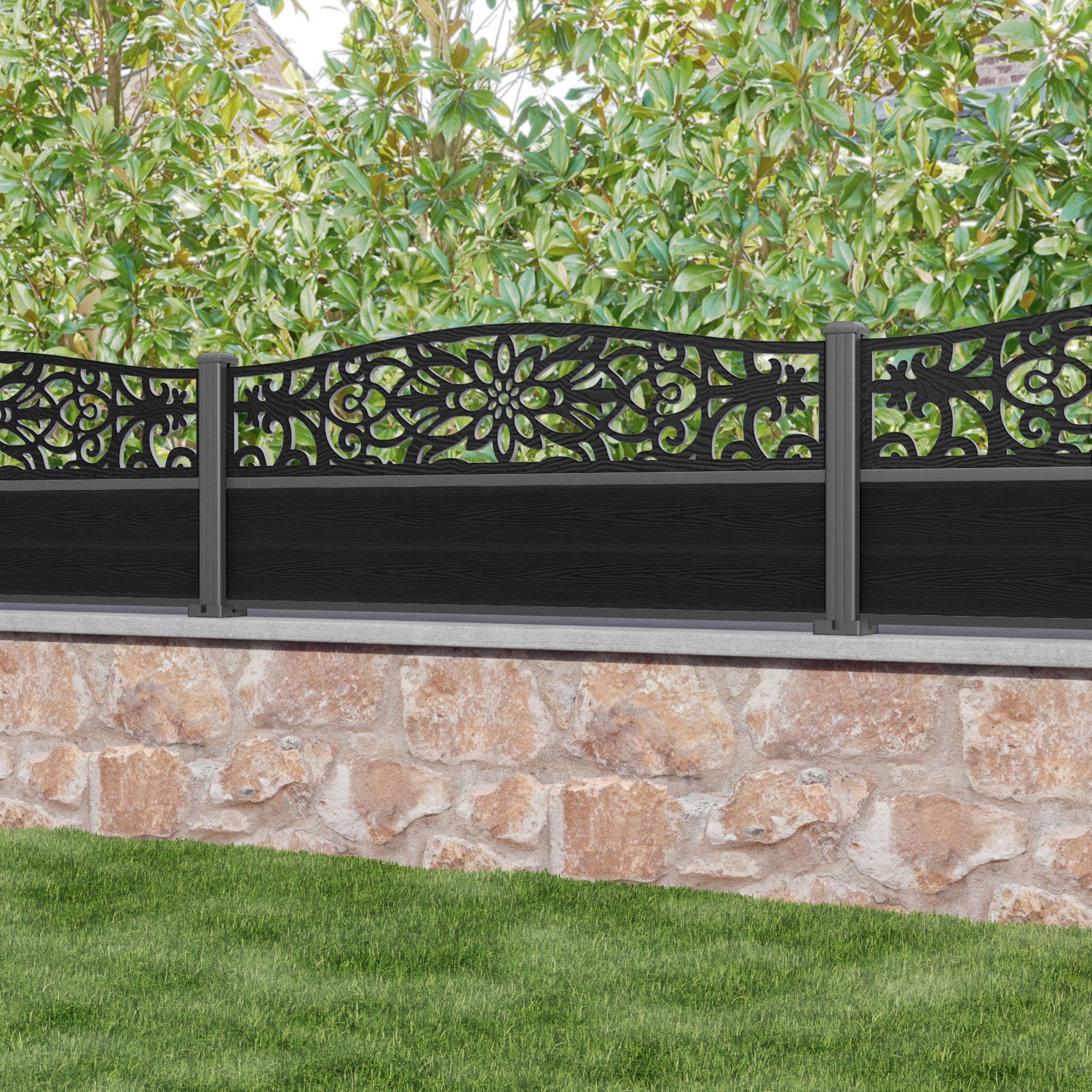 Classic Windsor Curved Top Fence Panel - Black - with our aluminium posts
