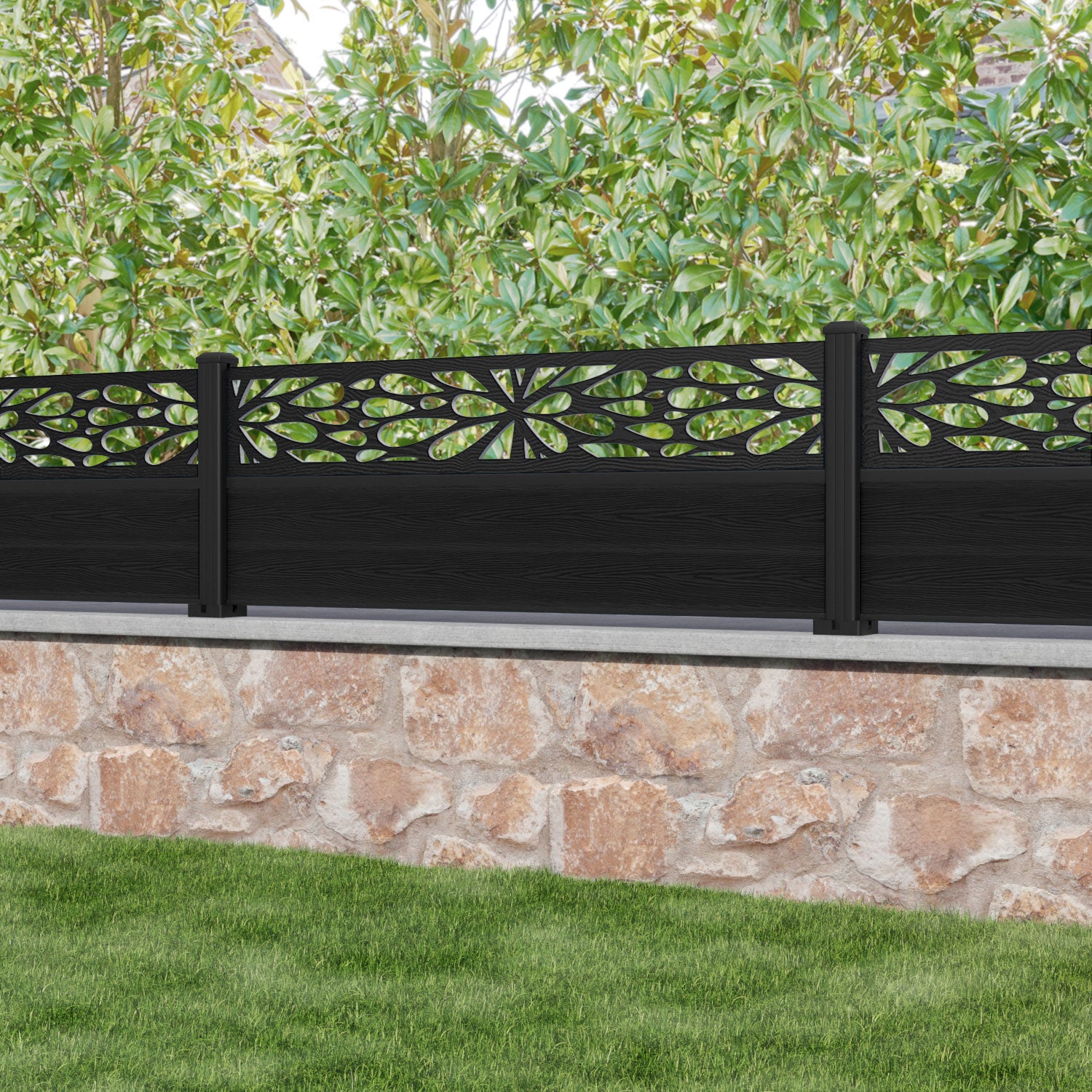 Classic Blossom Fence Panel - Black - with our aluminium posts